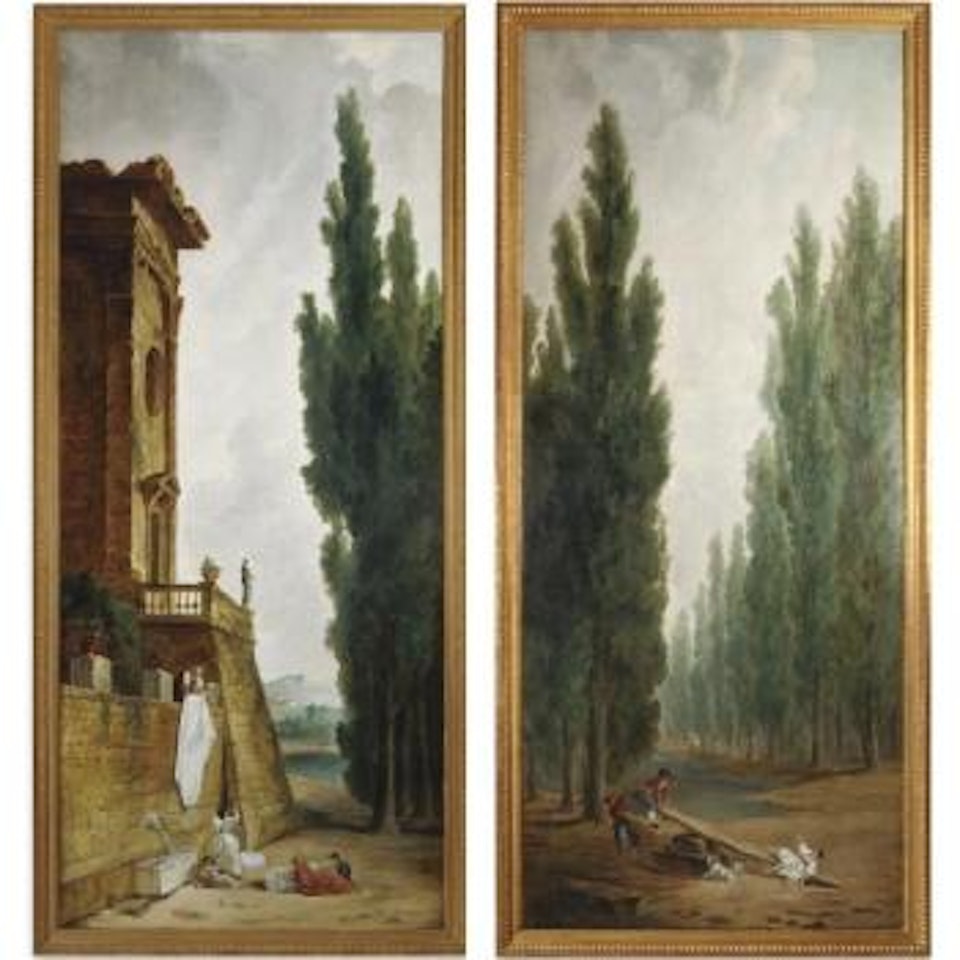 Laundry Maids Outside A Classical Villa And Elegant Couple On A Seesaw: A Pair by Hubert Robert