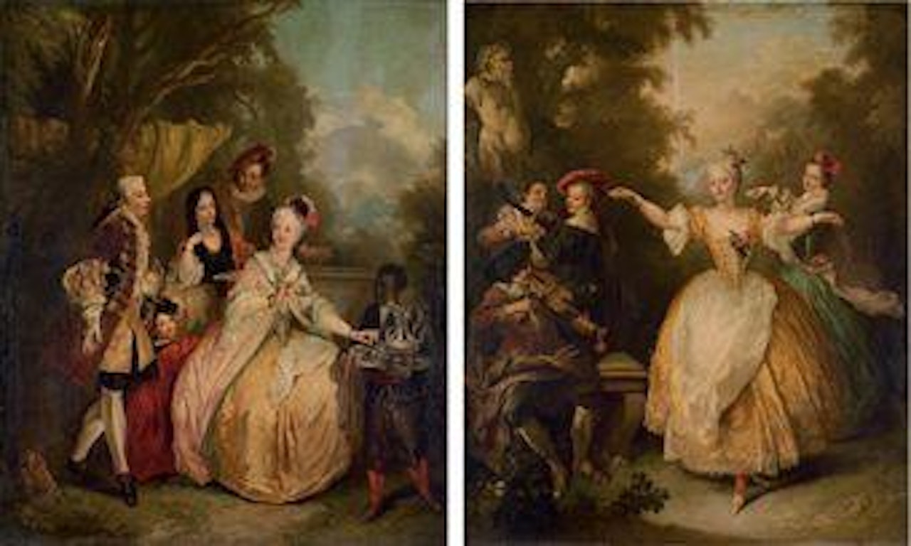 Elegant company taking chocolate in a garden; and A lady dancing in a garden by Christian Wilhelm Ernst Dietrich