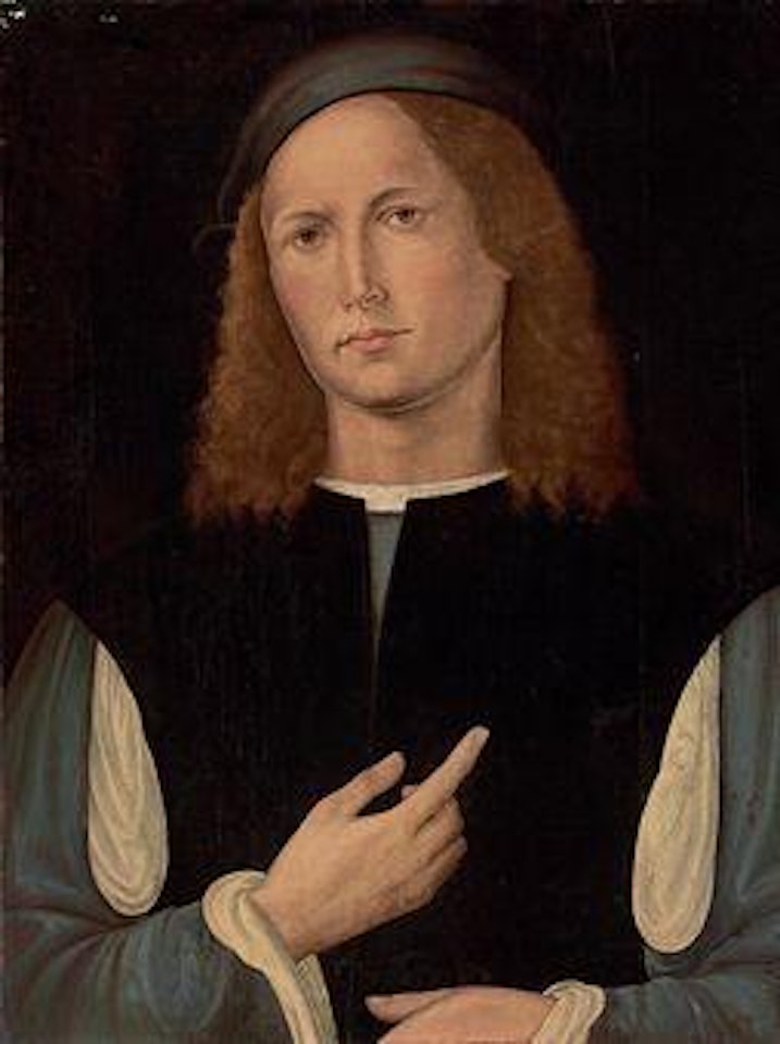 Portrait of a young man, half-length, in a blue doublet and hat and a black jacket by Girolamo Guasta
