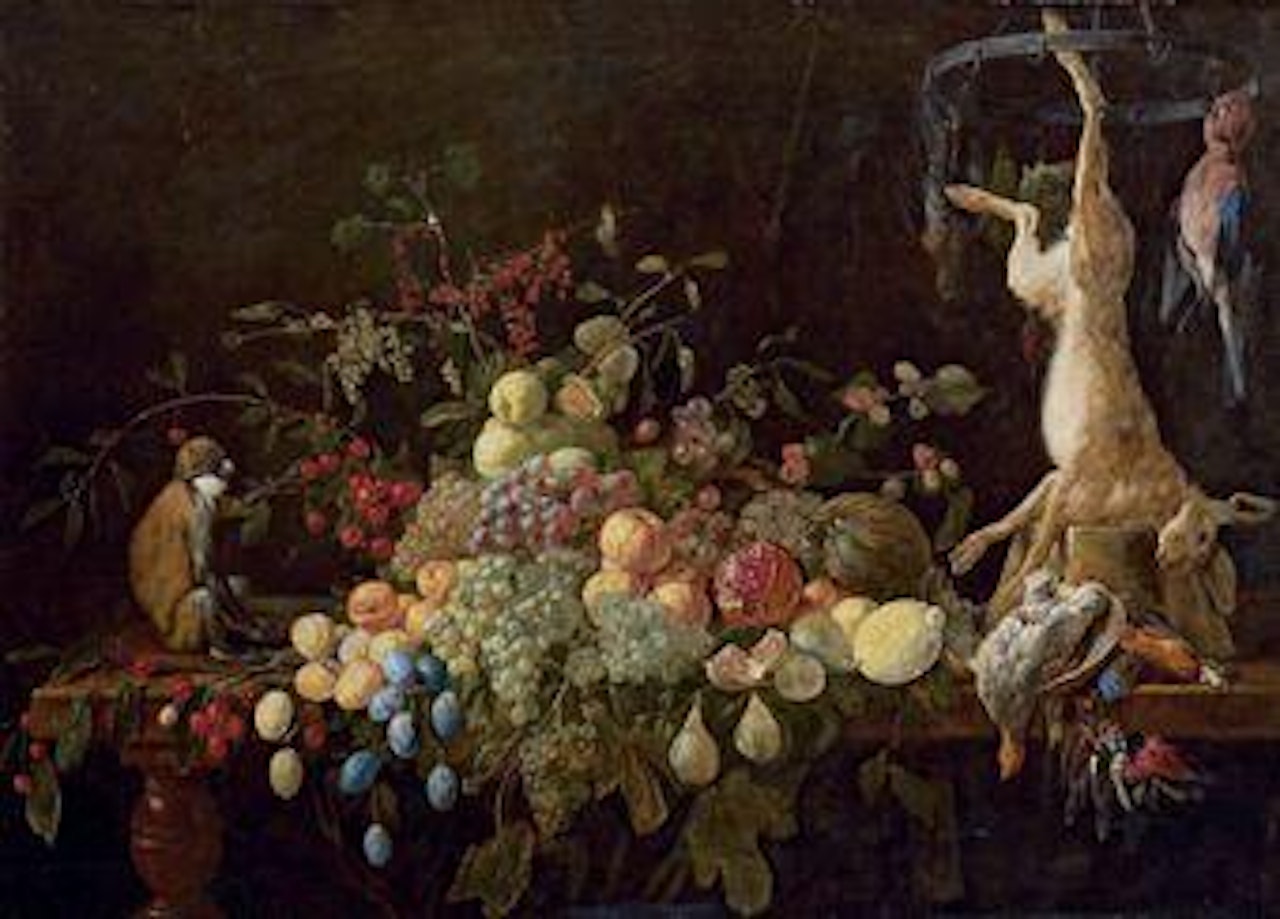 Grapes, oranges, plums, pears, pomegranates, figs, cherries, a melon and other fruits and berries, on a partly-draped table with a monkey, a hare, a jay, a partridge, a woodpecker, a kingfisher, chaffinches and other fowl by Adriaen van Utrecht