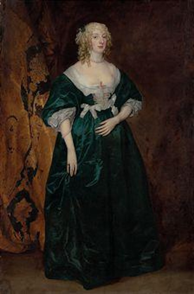 Portrait of Anne Sophia, Countess of Carnarvon (d 1695), full-length, in a green dress with white silk bows and pearls, and gold-embroidered curtain beyond by Anthony van Dyck