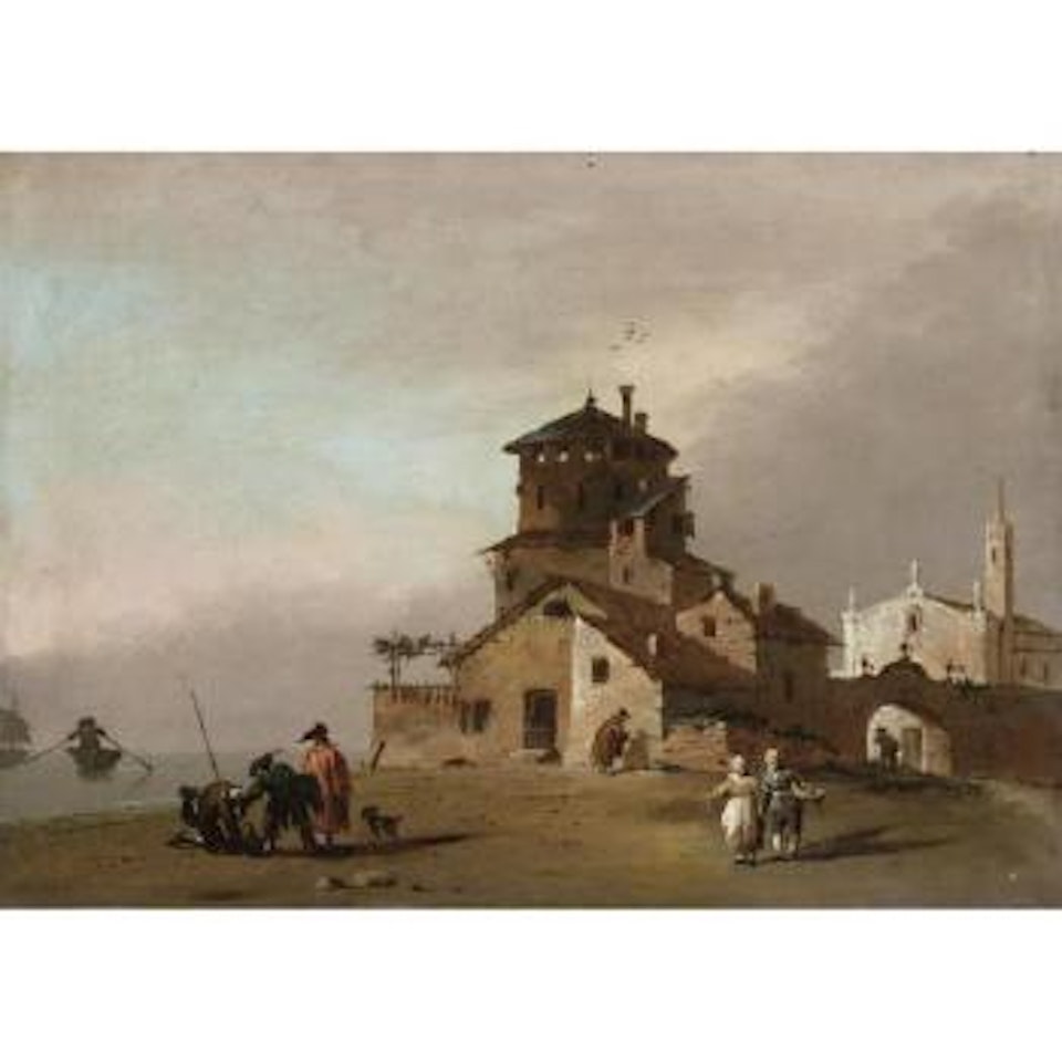Veduta Di Città Con Chiesa Ed Edificio Turrito, Con Figure E Imbarcazioni Fuori Dalle Mura by Giuseppe Bernardino Bison