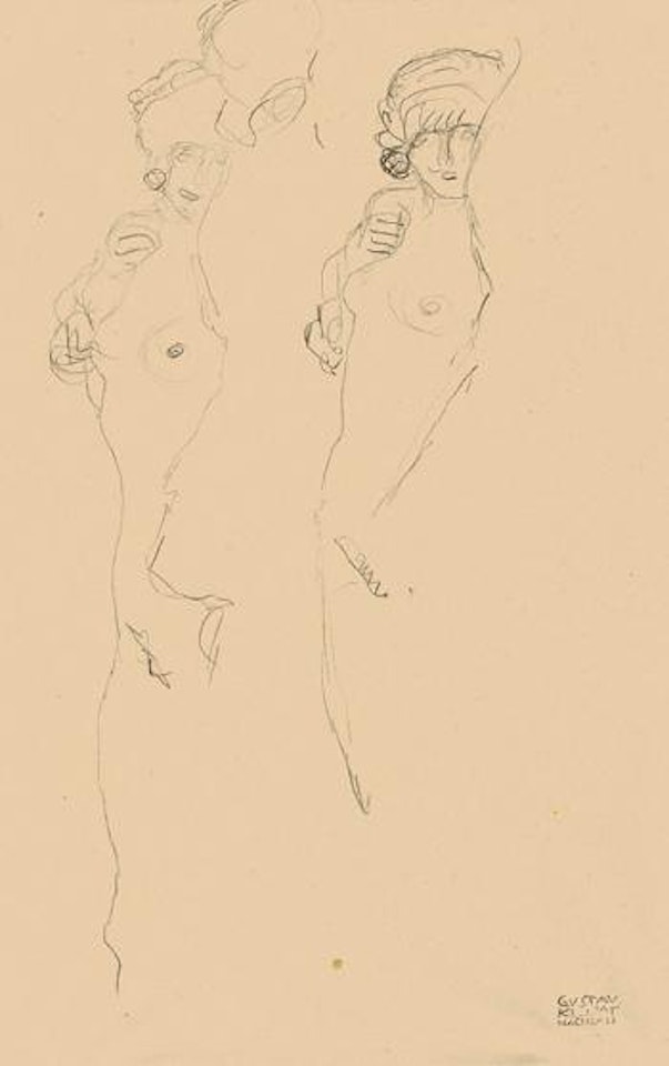 Zwei studien für 'die Freundinnen', die rechts wiedergegebene nur ganz wenig angedeutet by Gustav Klimt