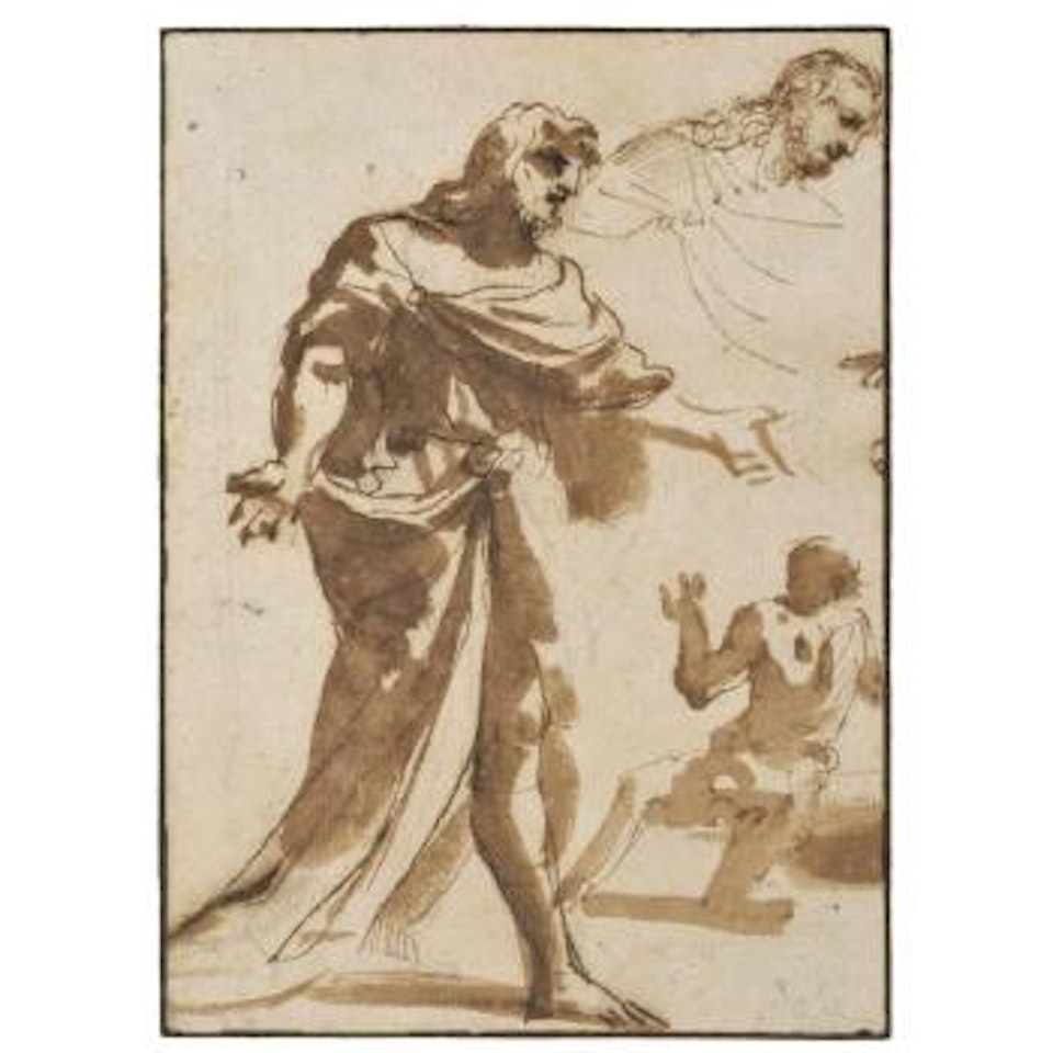 A Sheet Of Studies: A Standing Draped Male Figure And A Separate Study Of His Head And Shoulders, And A Kneeling Man by Pier Francesco Mola