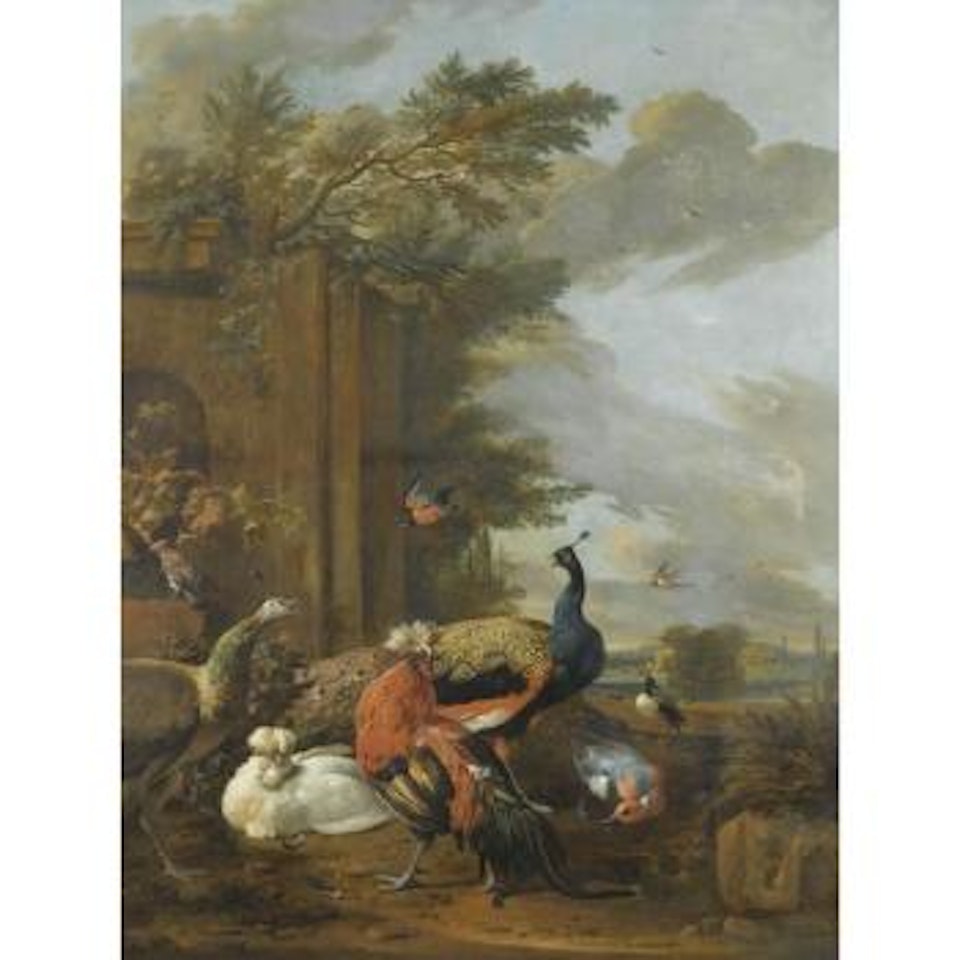 A Peacock, A Peahen, A Jay, A Swallow, A Kingfisher, A Mallard, Ducks And Hens In An Elegant Parkland Setting by Melchior de Hondecoeter