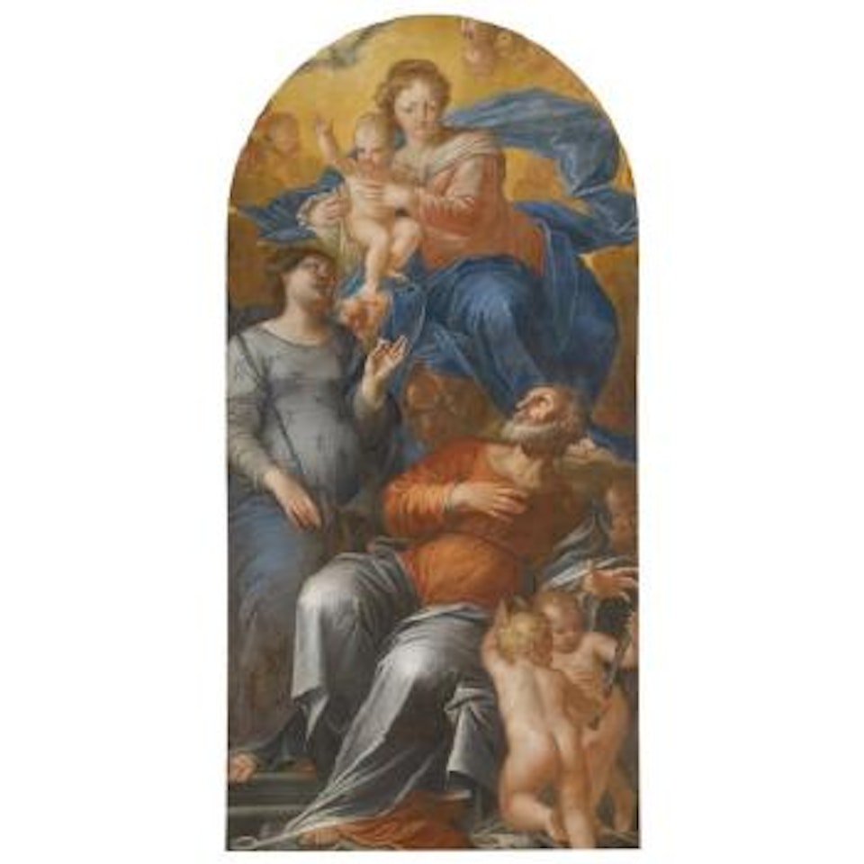 An Altarpiece With The Madonna And Child Enthroned Flanked By Saints Apollonia And Bartholomew by Pietro Liberi