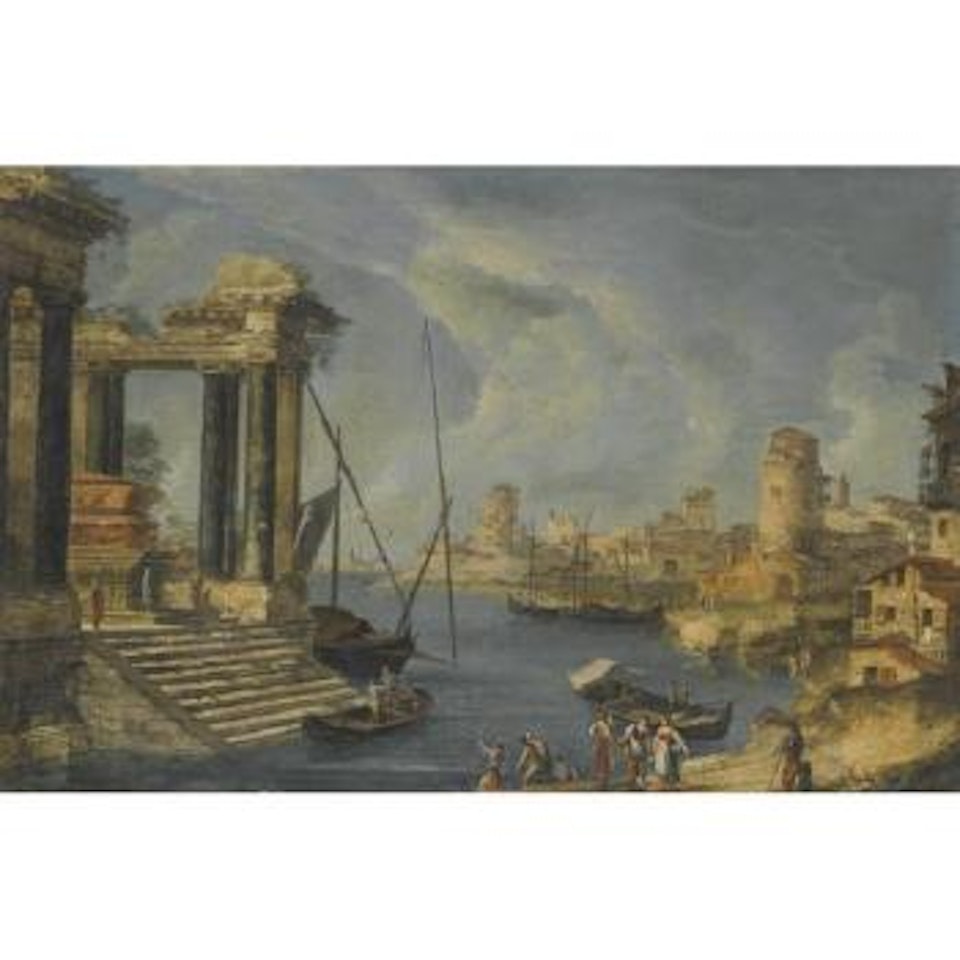 An Architectural Capriccio Of The Venetian Lagoon With Washerwomen In The Foreground by Michele Marieschi
