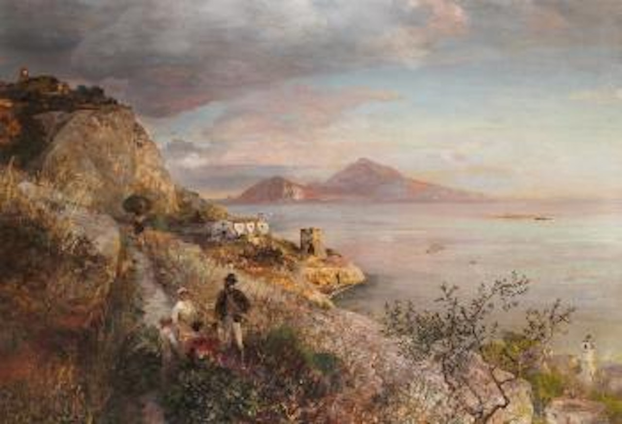 Neopolitanische Kuste mit Blick auf Capri, am Wege ein Herr im Plausch mit Lastentragerinnen, die Bundel neben sich abgelegt by Oswald Achenbach