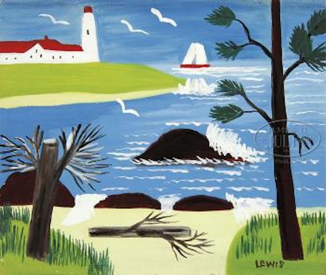 Coastal view with lighthouse by Maud Lewis