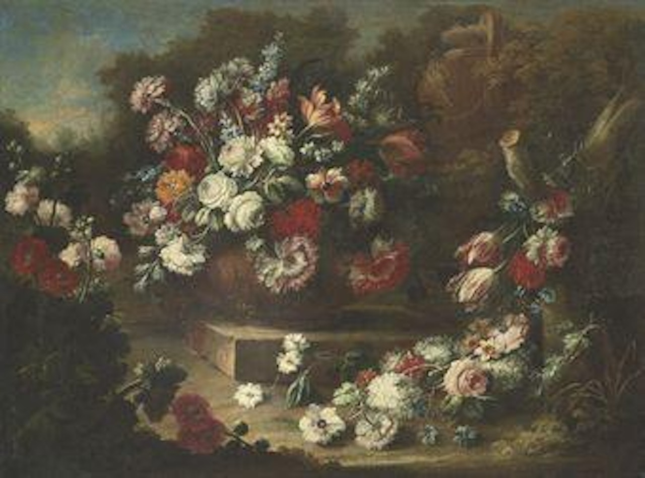 Roses, tulips, carnations and other flowers in an urn, with other flowers beside, in a landscape by Gasparo Lopez