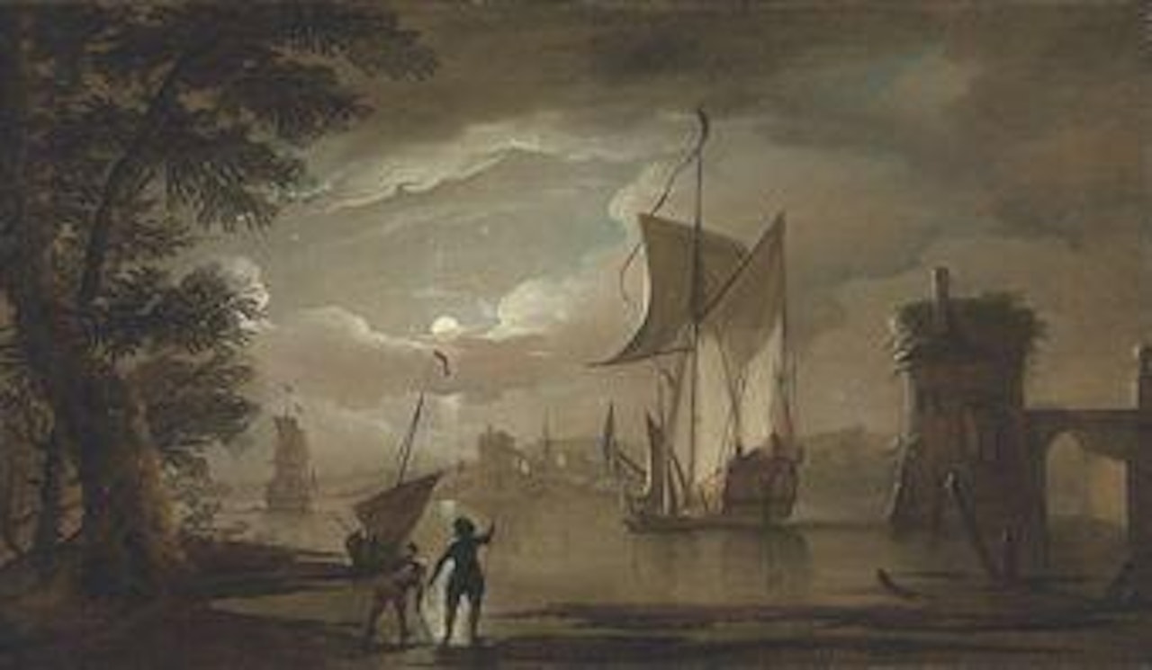 A moonlit coastal scene, with an Admiralty yacht in the foreground by Peter Monamy