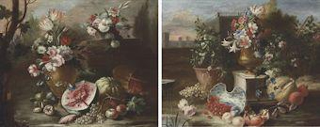 Tulips, roses, figs, grapes, a melon and cherries, with other flowers and fruit, in a landscape; and Tulips, roses, lilies, figs, cherries, grapes and pomegranate, by a fountain by Neapolitan School