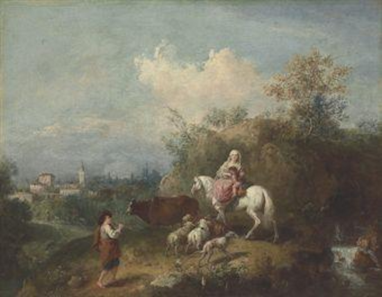 A pastoral landscape, with a woman and child on a white horse, a shepherd playing a pipe and a village beyond by Francesco Zuccarelli