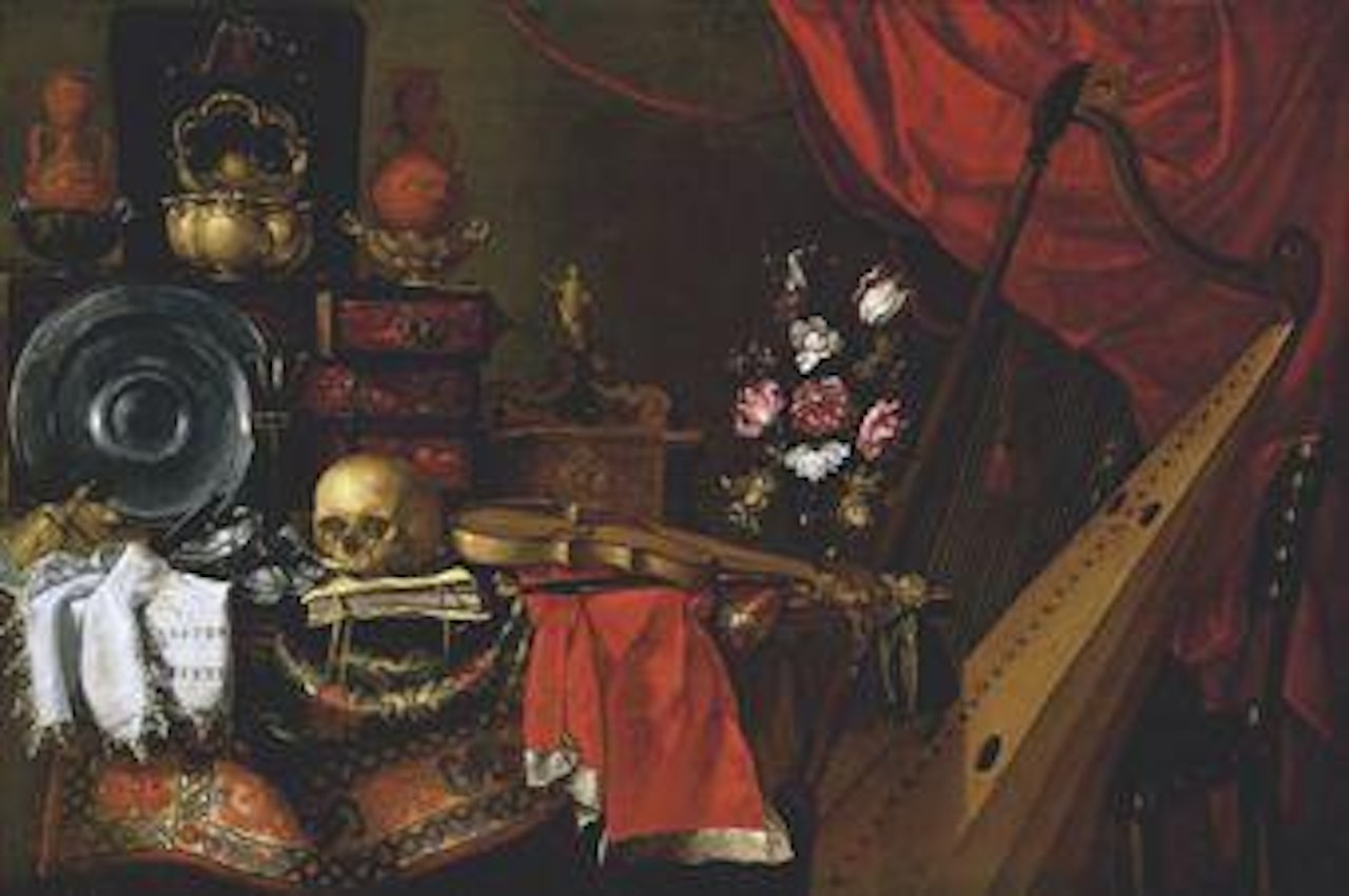 A vanitas still life with a skull resting on a book, a violin, a pewter plate, a vase of flowers and other pewter objects on a carpet-draped table, with a tortoise-shell inlaid cabinet with gilt cups and terracotta vases on top.. by Giuseppe Recco