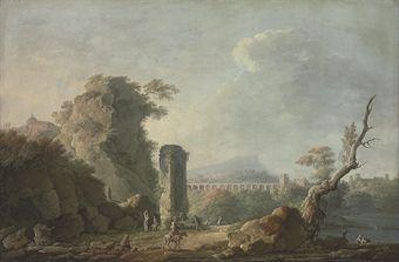 An Italianate landscape with figures on a river bank, a hilltop church and a Roman aqueduct beyond by Carlo Bonavia