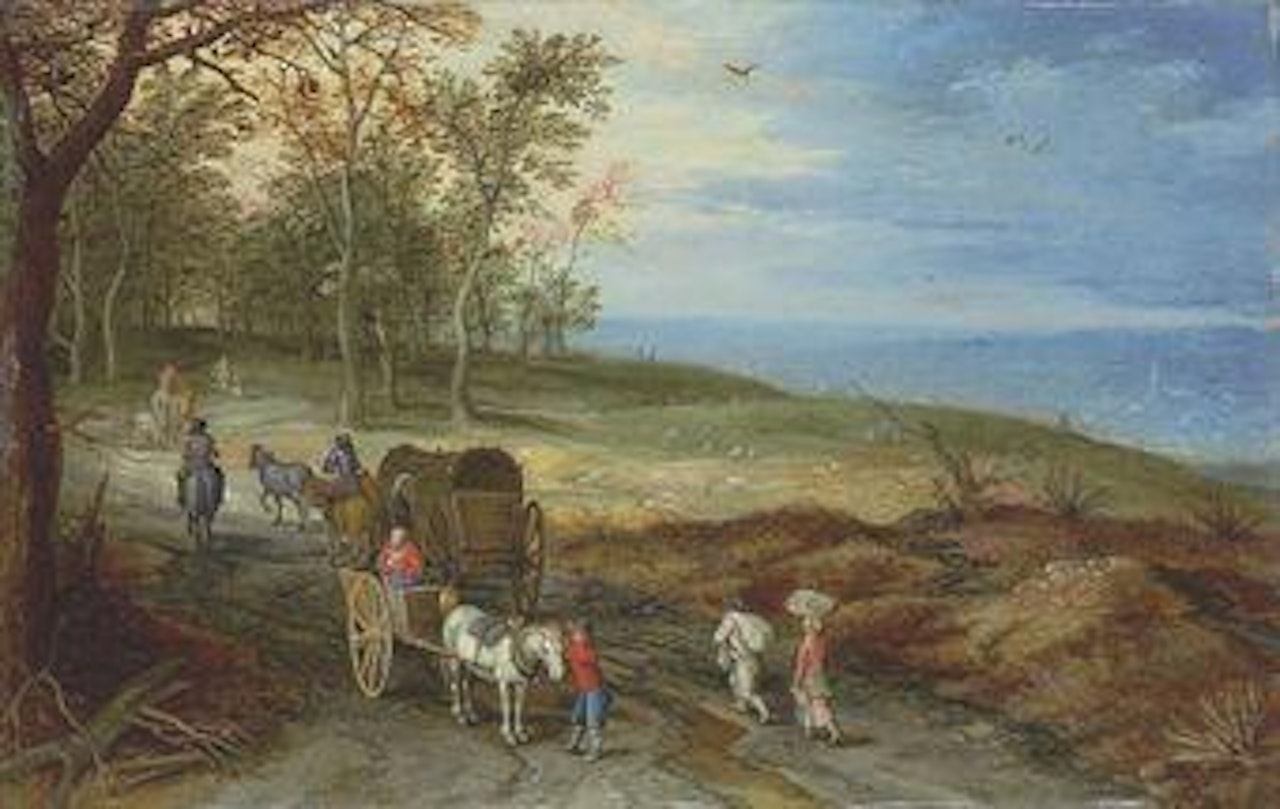 A wooded landscape with peasants and horse carriages on a path by Jan Brueghel the Younger