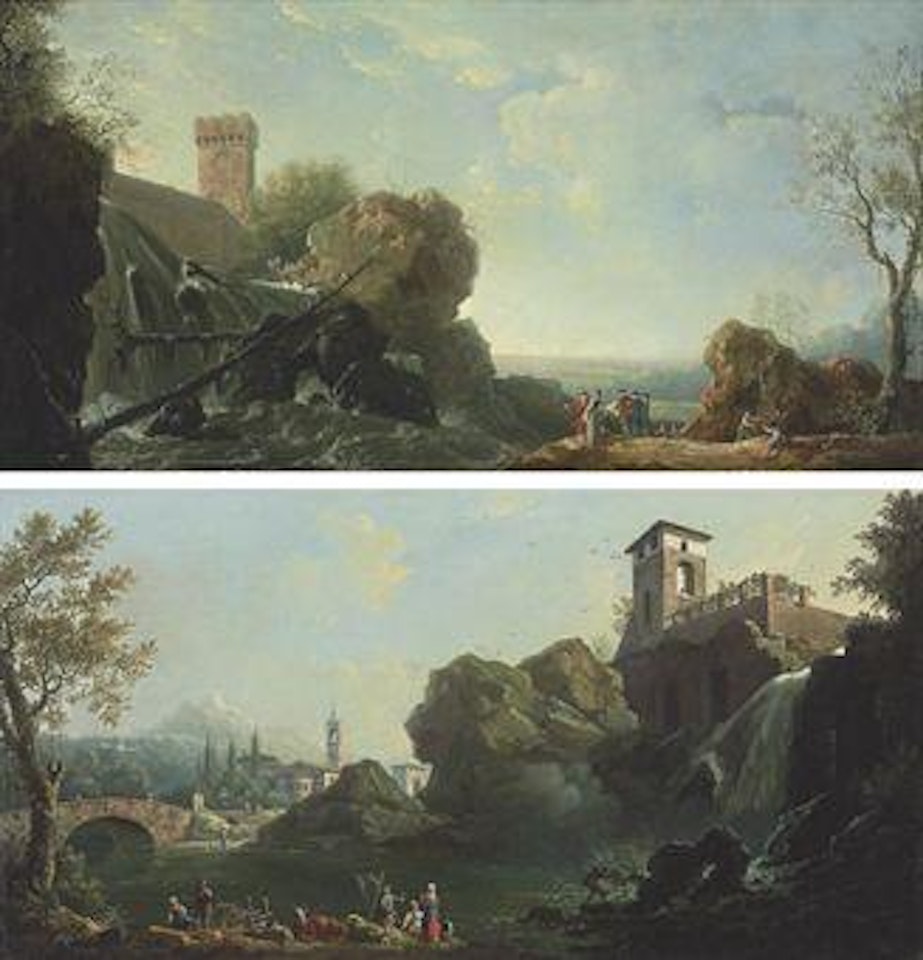 An Italianate landscape with elegant figures by a waterfall; and An Italianate river landscape with fishermen, a church and a bridge beyond by Thomas Patch
