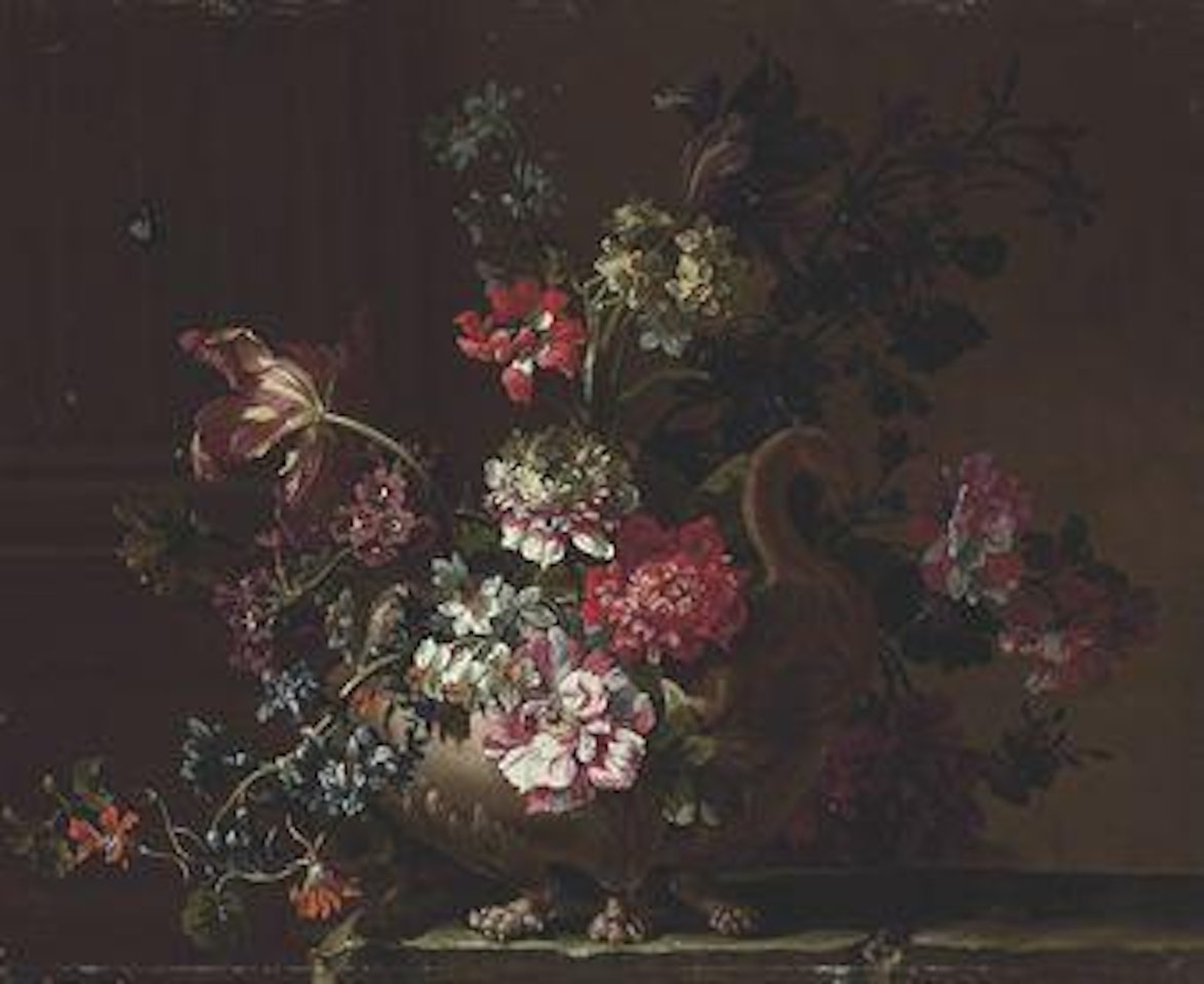 Peonies, narcissi, tulips, hyacinths and other flowers in a teracotta urn on a stone table by Jean Baptiste Monnoyer