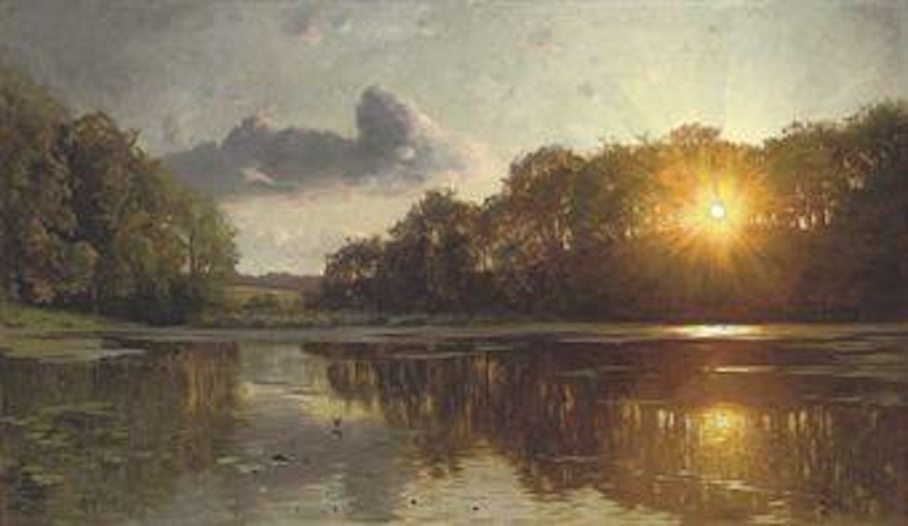 Sunset over a forest lake by Peder Mork Monsted