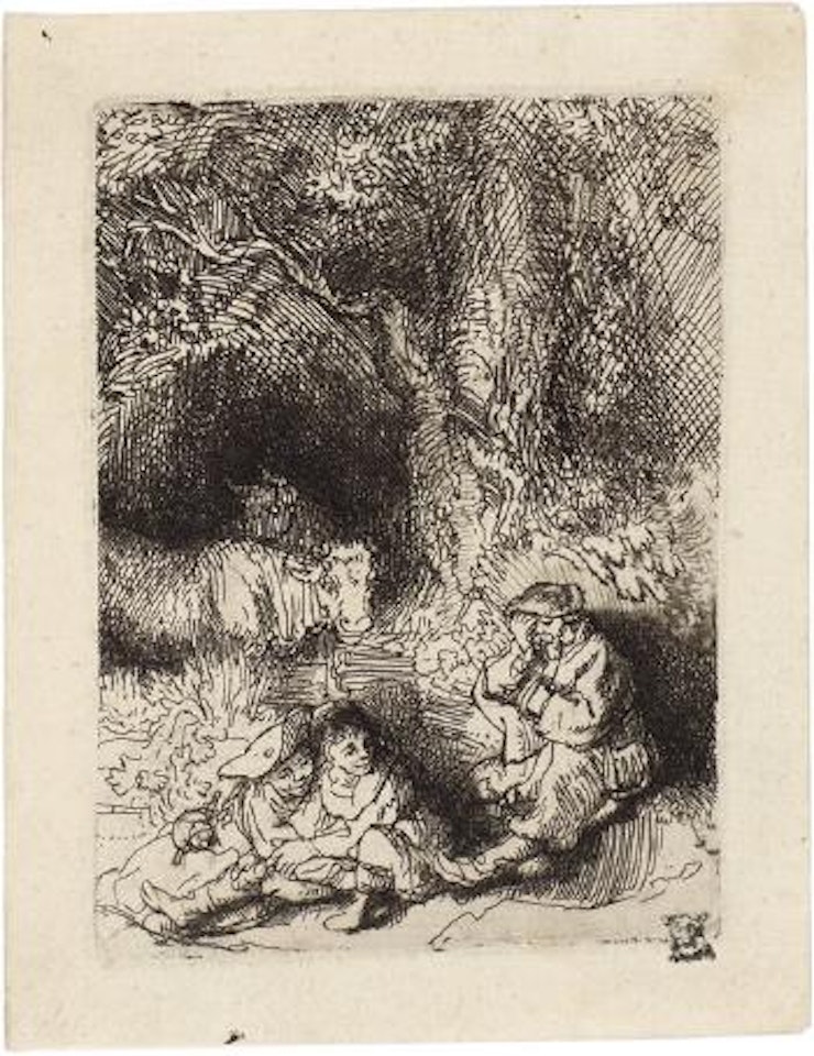 Das Pärchen und der schlafende Hirt by Attributed to Rembrandt Harmensz van Rijn