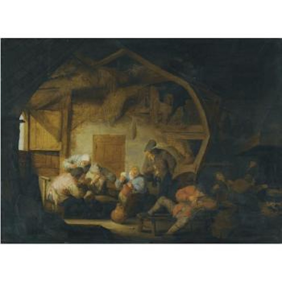 The Interior Of A Barn With Peasants Playing Cards Around A Stool by Adriaen van Ostade