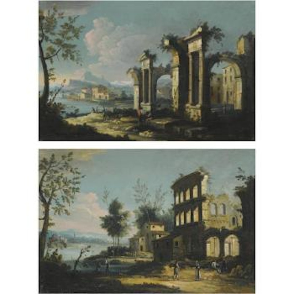 A Pair Of Capriccio River Landscapes With Figures Beneath Ancient Ruins by Apollonio Domenichini