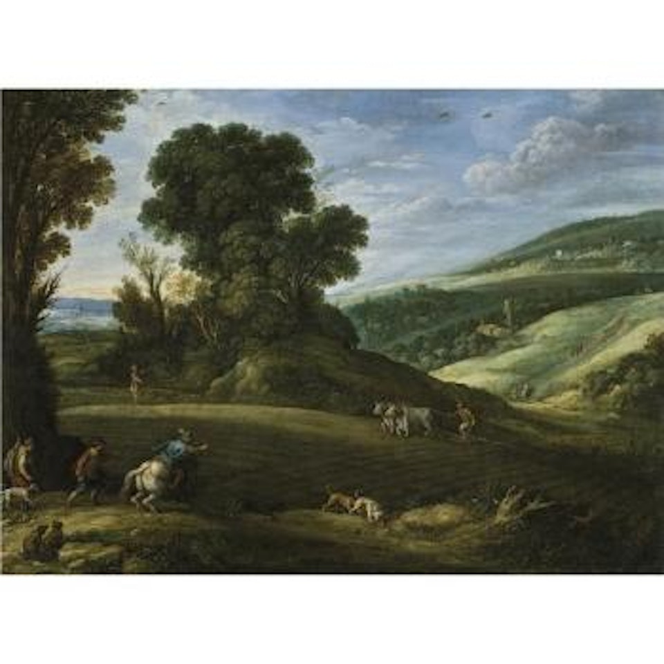 An Extensive Landscape With Hunters Crossing A Field Being Ploughed by Paul Bril