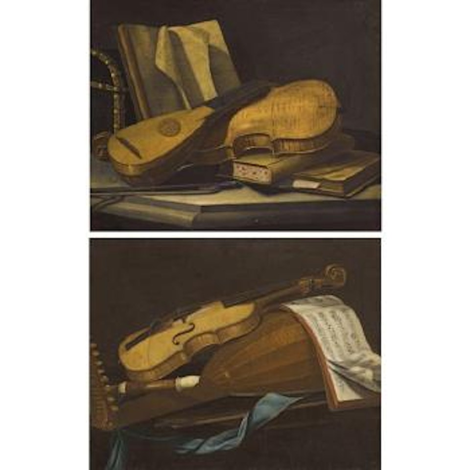 A Still Life Of A Violin, A Lute And A Recorder On A Table; A Still Life Of A Violin And A Lute On A Table With Books by Cristoforo Munari