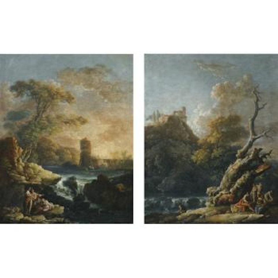 A Landscape With Figures By A Waterfall At Sunset, Cattle In The Stream Beyond; A Landscape With Figures By A River, A Ruined Hill-top Town Beyond by Carlo Bonavia