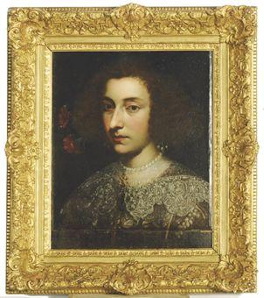 Portrait of Queen Cristina of Sweden, bust-length, with red carnations in her hair by Jacob Ferdinand Voet