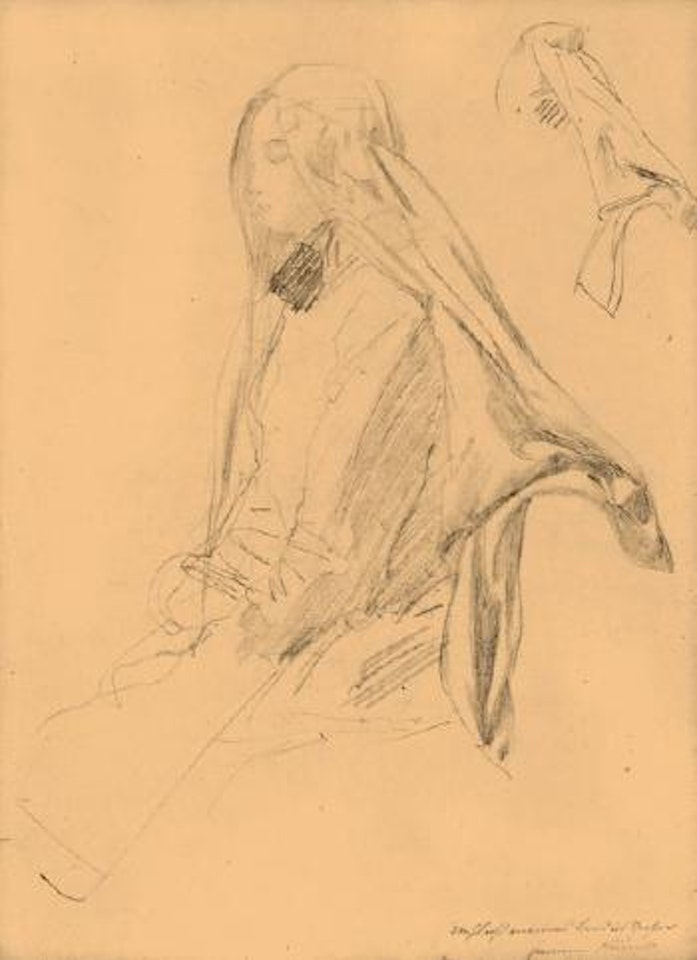 Sitzende frau nach links mit Kopftuch by Gustav Klimt