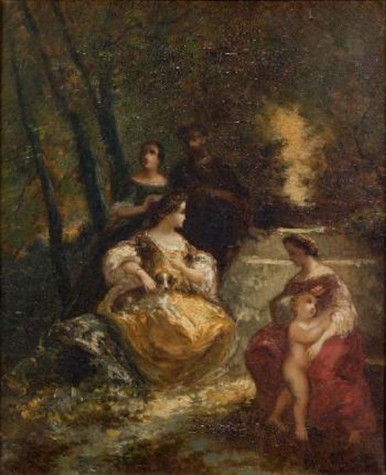 Personnages et chien dans un parc by Adolphe Monticelli