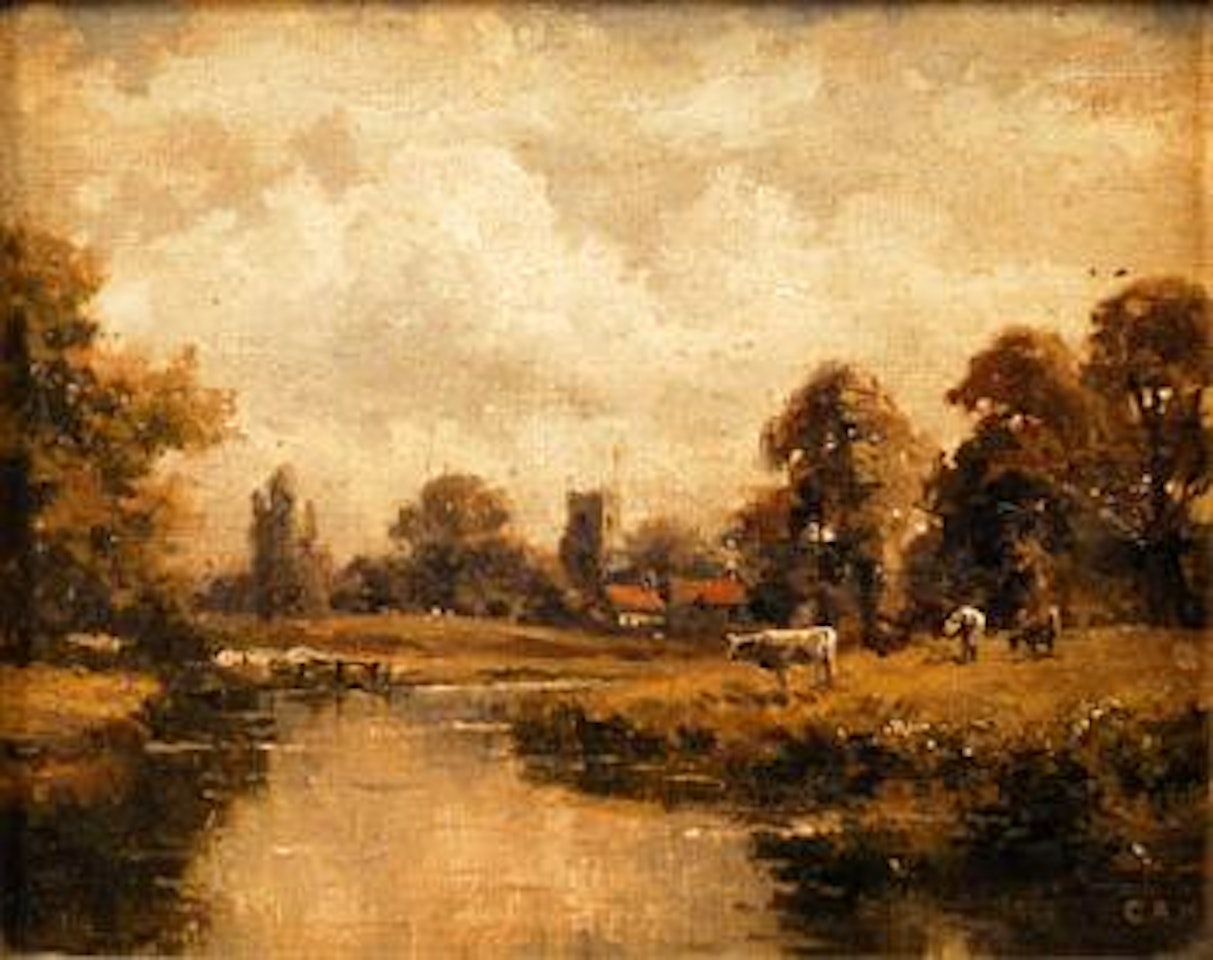 A river landscape with cattle and a church in the background by Campbell Mellon
