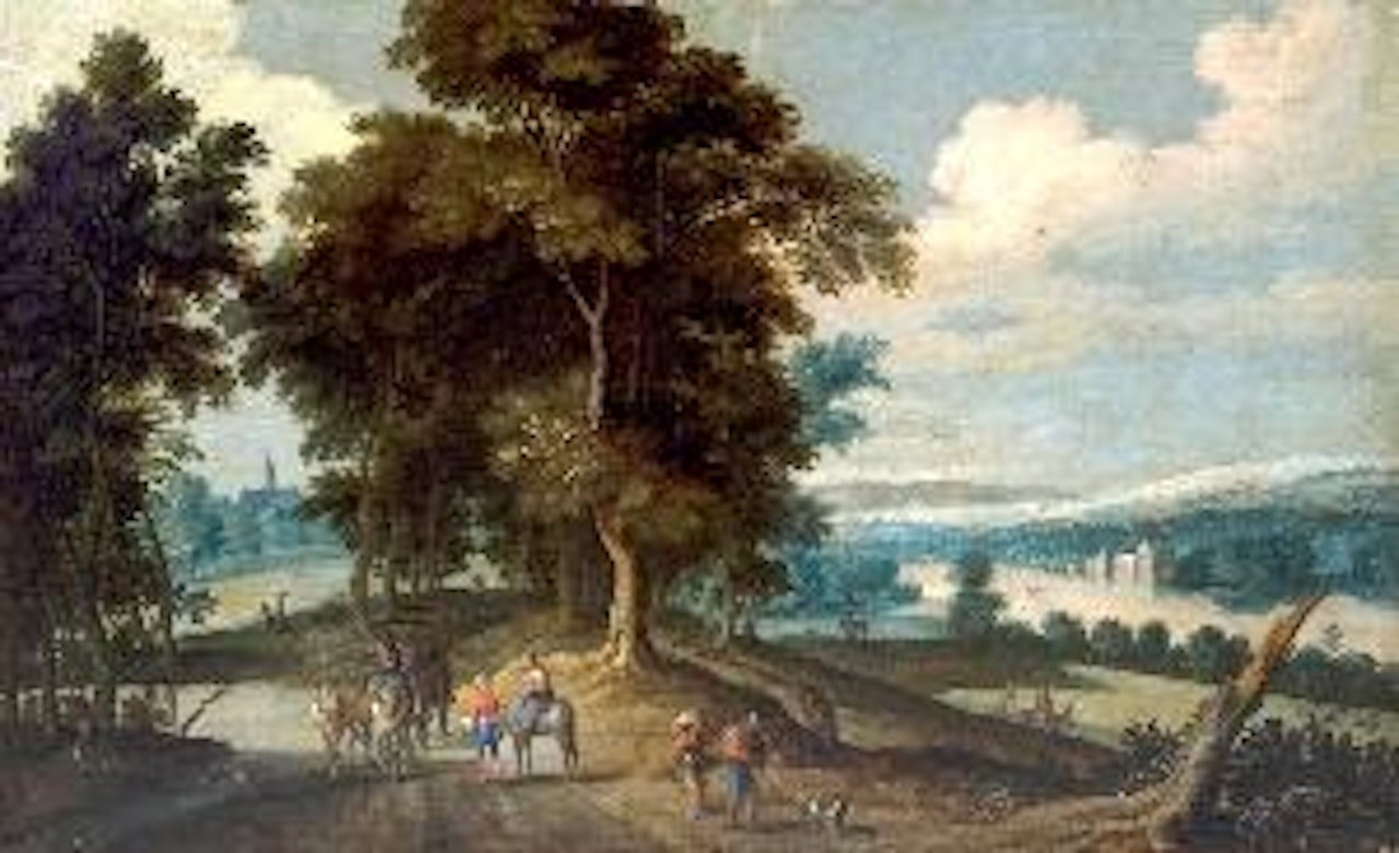 Extensive river view and landscape with church and town in the distance and figures along a road in the foreground by Flemish School