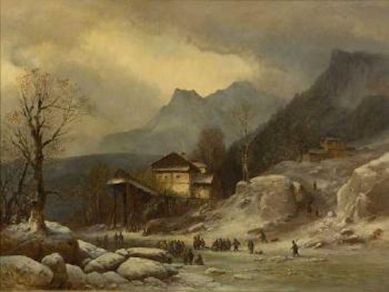 Eisvergnügen vor einer Wassermühle im Gebirge by Anton Doll