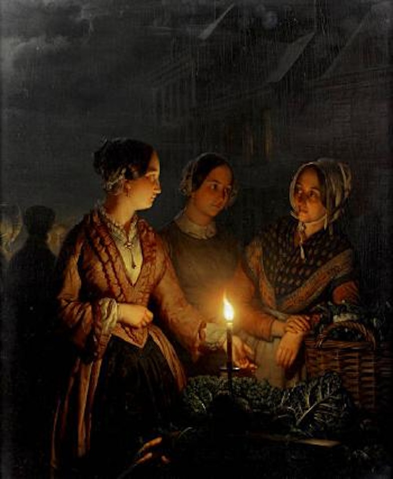 A moonlit market scene by Petrus van Schendel