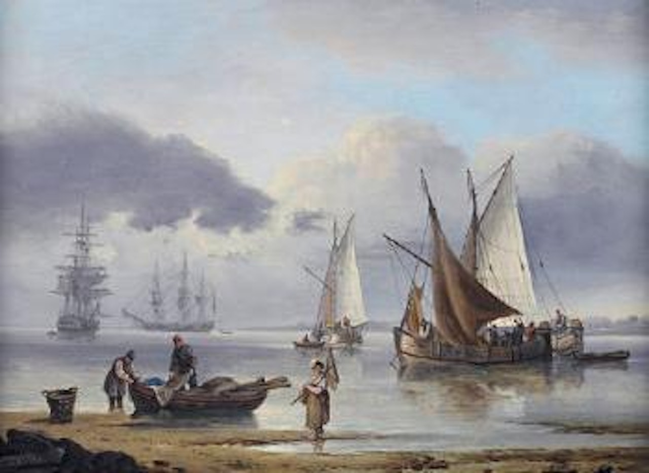 Barges moored inshore in a calm by Thomas Luny