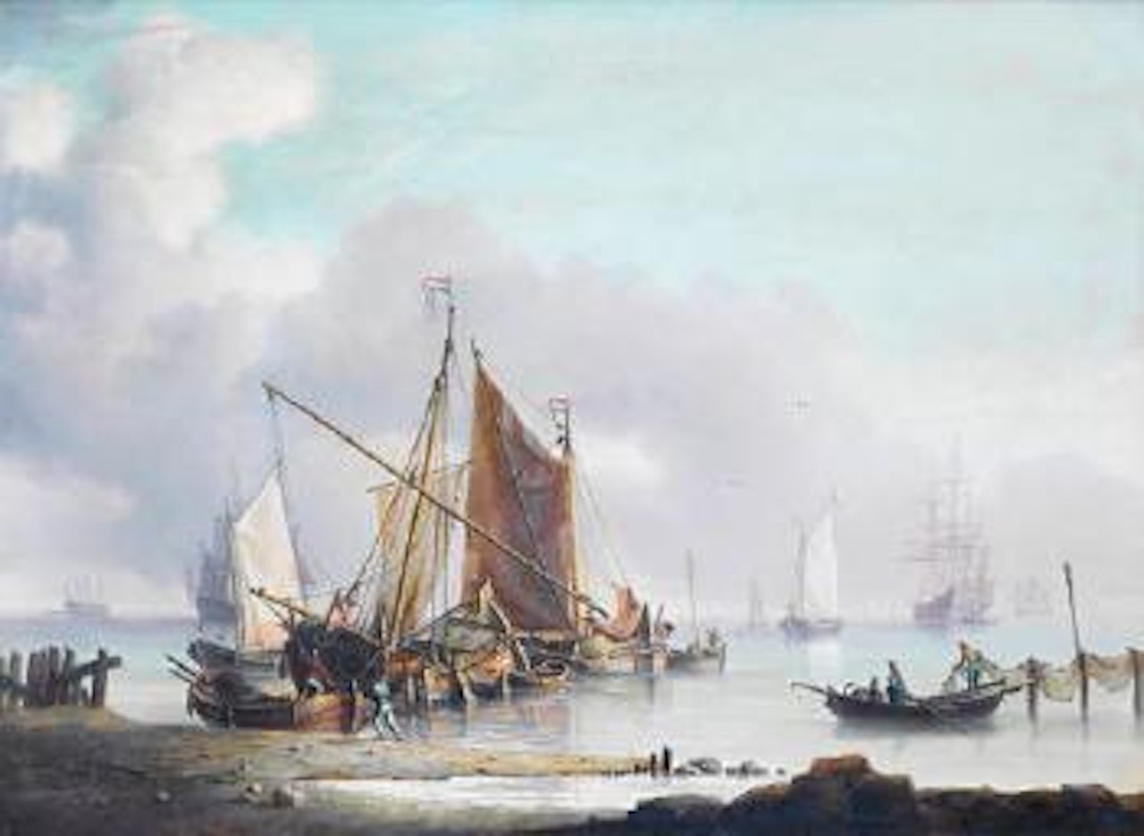 Dutch hoys and other traditional craft moored inshore, with a warship standing out to sea by Charles Martin Powell