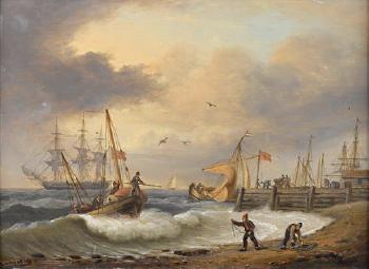 Landing passengers ashore on a blustery day by Thomas Luny
