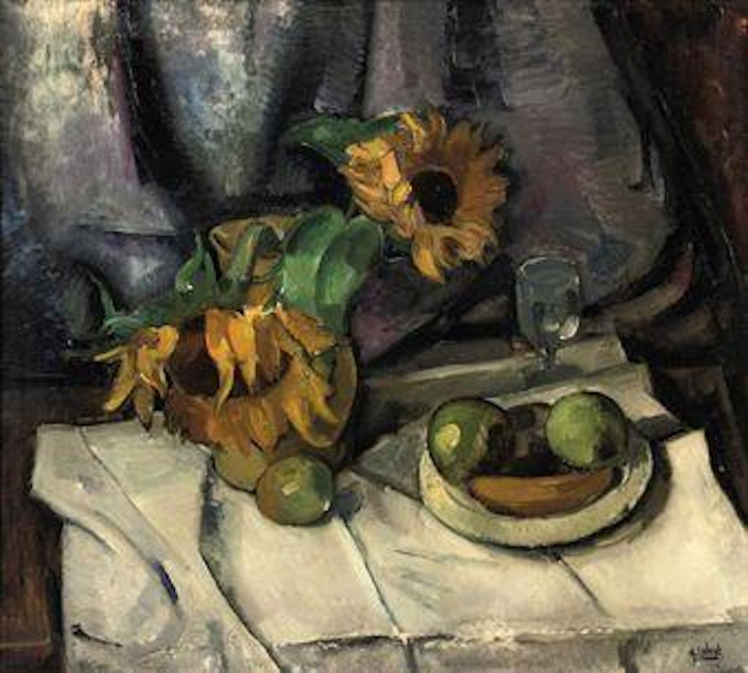 A still life with sun flowers and apples on a table by Arnout Colnot