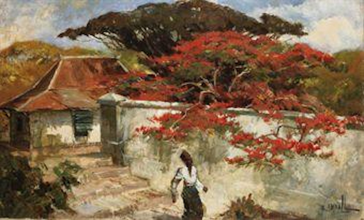 A man under a flamboyant tree by Raden Basoeki Abdullah