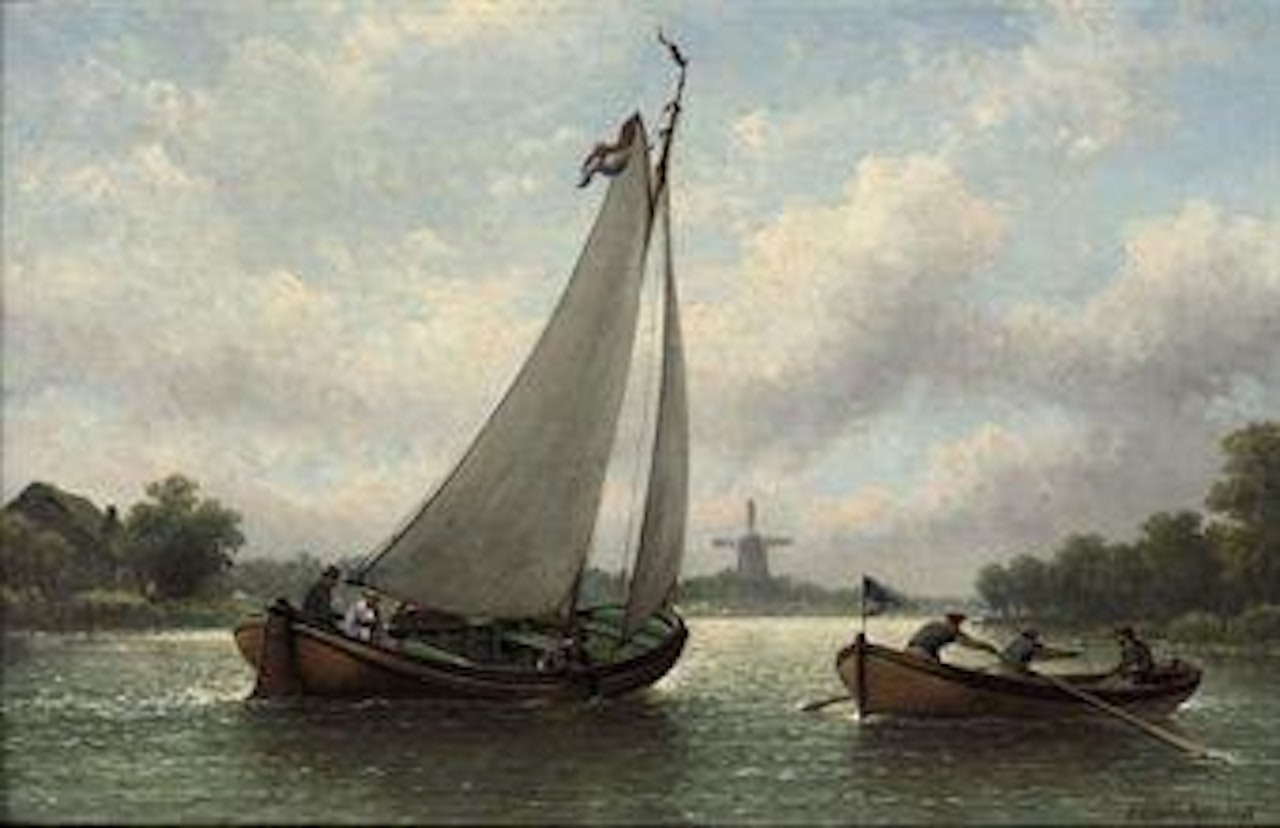 Boating on a river in summer by Eduard Alexander Hilverdink