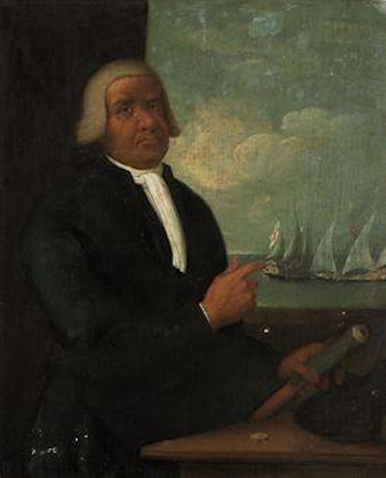 Portrait of a gentleman, thought to be Toussaint Louverture, standing three-quarter length at a window, holding a telescope, a man o'war intercepting a corsair beyond by English School