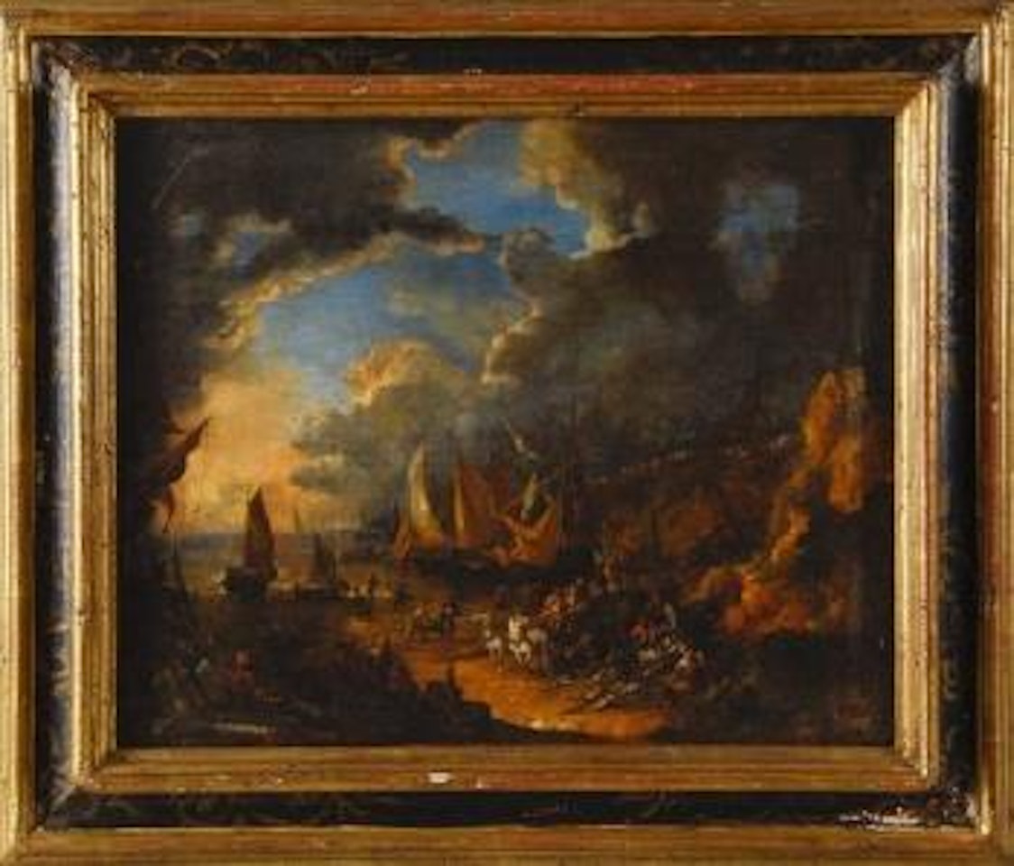 Pêcheurs sur le port avant l'orage by Pieter Bout