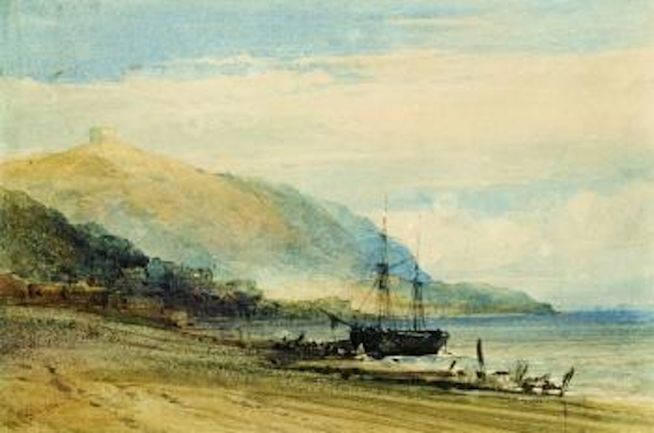 Fishing boat on the beach at low tide by William Callow