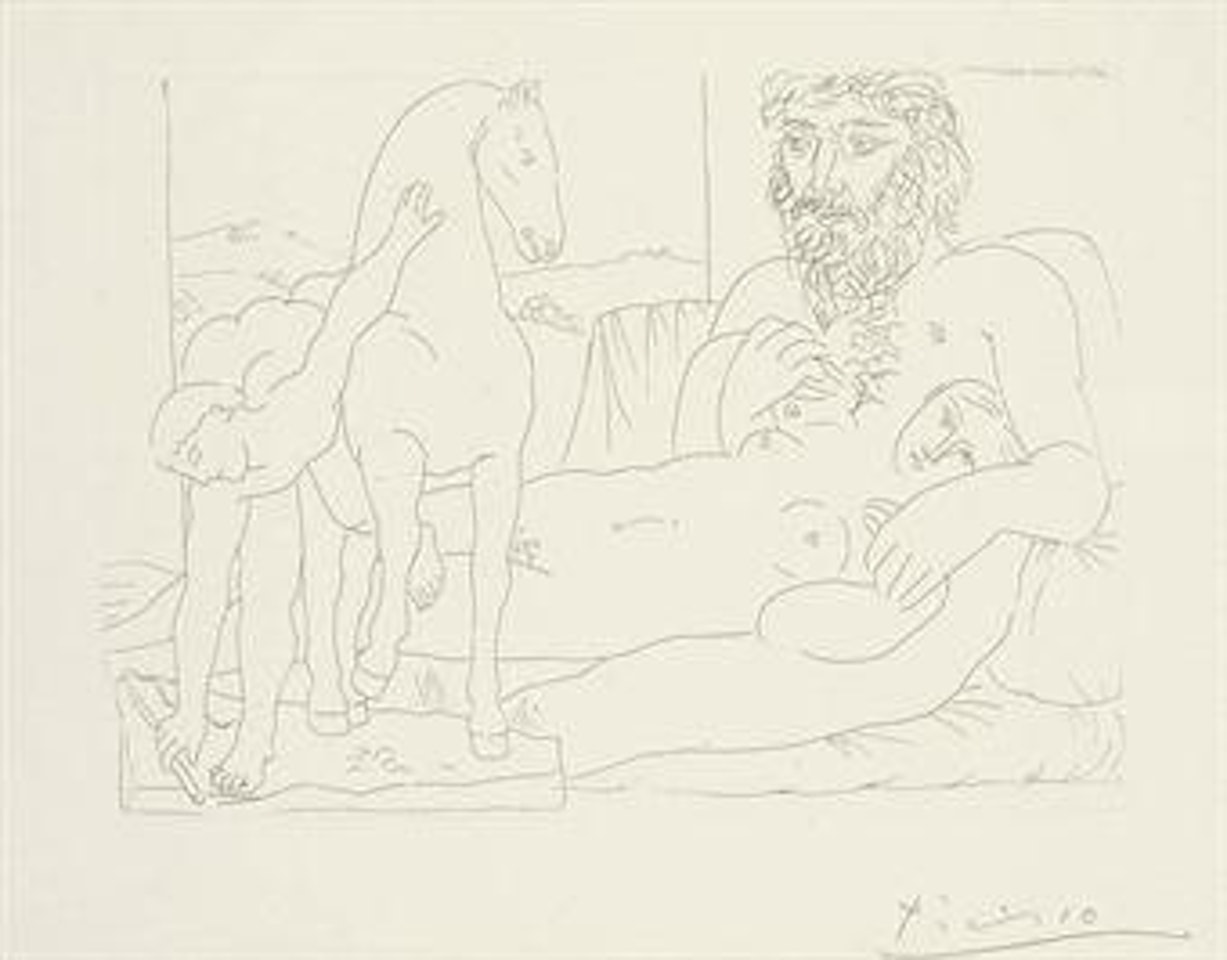 Le Repos du Sculpteur devant le Jeune Cavalier, from: La Suite Vollard (B. 164; Ba. 317) by Pablo Picasso