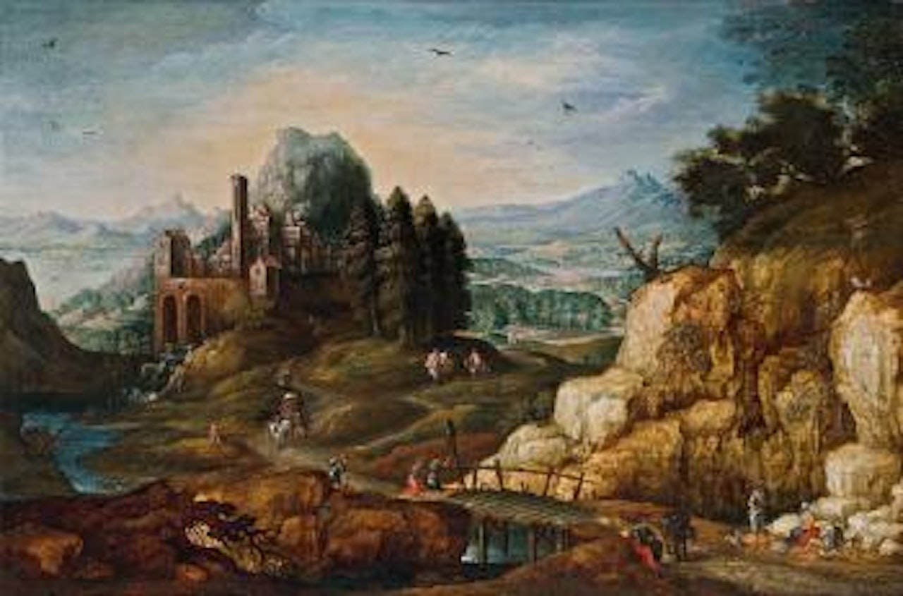 Weite Hügellandschaft mit Burgbefestigung und Brücke by Joos de Momper the Younger