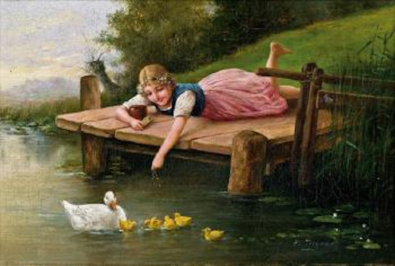 Mädchen am Teich beim Entenfüttern by Edmund Adler