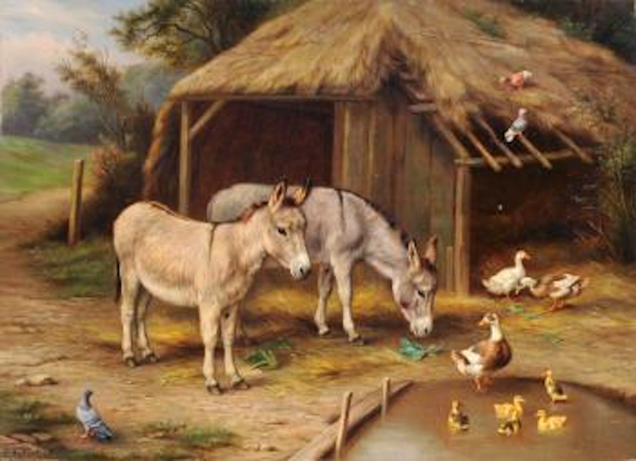 Donkeys, ducks, ducklings and pigeons beside a thatched barn by Edgar Hunt