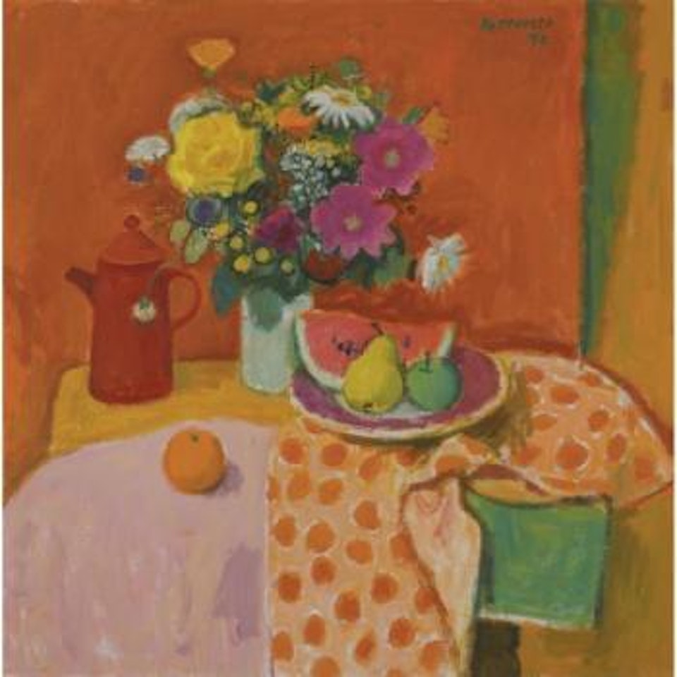 Fruit And Flowers On A Red Ground by Alberto Morrocco